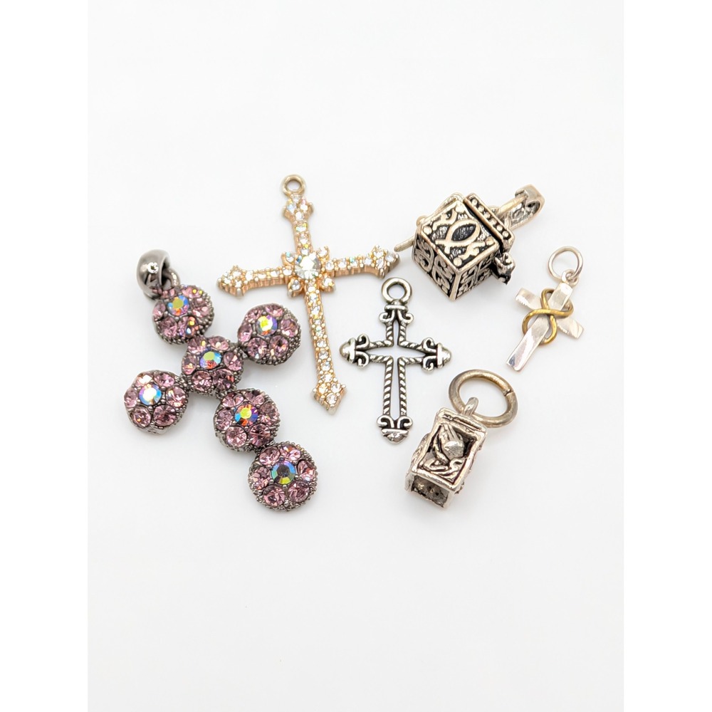 Vintage Religious Cross Pendant Charm Lot Gold Silver Tone Prayer Box 6pc